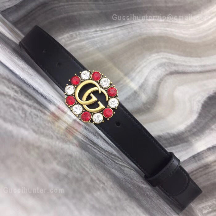 Gucci Leather Belt With Double G And Crystals Black 30mm